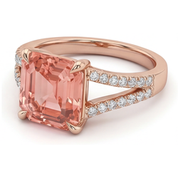 Bague de Fiançailles Saphir Pêche de laboratoire 4,3 Carats taille Émeraude Padparadscha Pavé Or Rose 14K