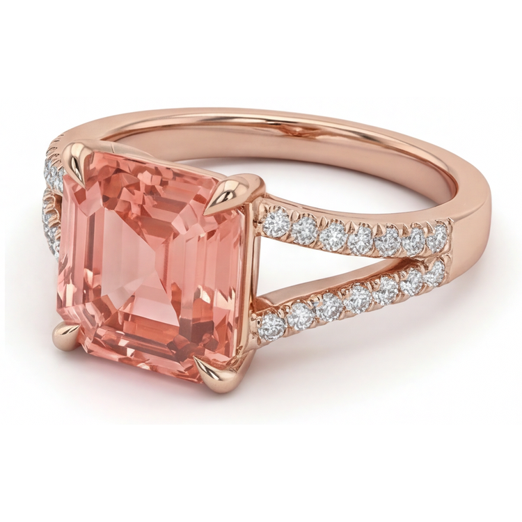 Bague de Fiançailles Saphir Pêche de laboratoire 4,3 Carats taille Émeraude Padparadscha Pavé Or Rose 14K