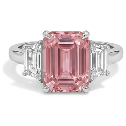 Bague Saphir Pêche de laboratoire 4,6 Carats Padparadscha taille Émeraude et Trapèzes Blancs Trilogie Cathédrale Or 14 Carats
