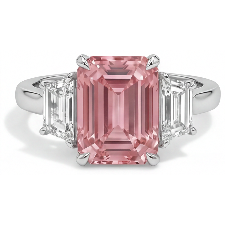 Bague Saphir Pêche de laboratoire 4,6 Carats Padparadscha taille Émeraude et Trapèzes Blancs Trilogie Cathédrale Or 14 Carats