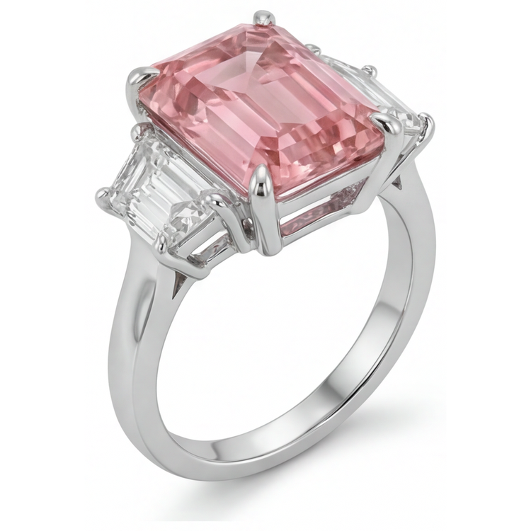 Bague Saphir Pêche de laboratoire 4,6 Carats Padparadscha taille Émeraude et Trapèzes Blancs Trilogie Cathédrale Or 14 Carats