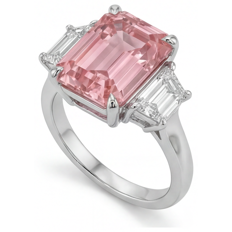 Bague Saphir Pêche de laboratoire 4,6 Carats Padparadscha taille Émeraude et Trapèzes Blancs Trilogie Cathédrale Or 14 Carats