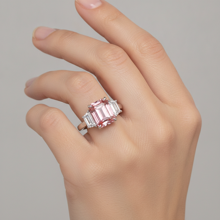 Bague Saphir Pêche de laboratoire 4,6 Carats Padparadscha taille Émeraude et Trapèzes Blancs Trilogie Cathédrale Or 14 Carats