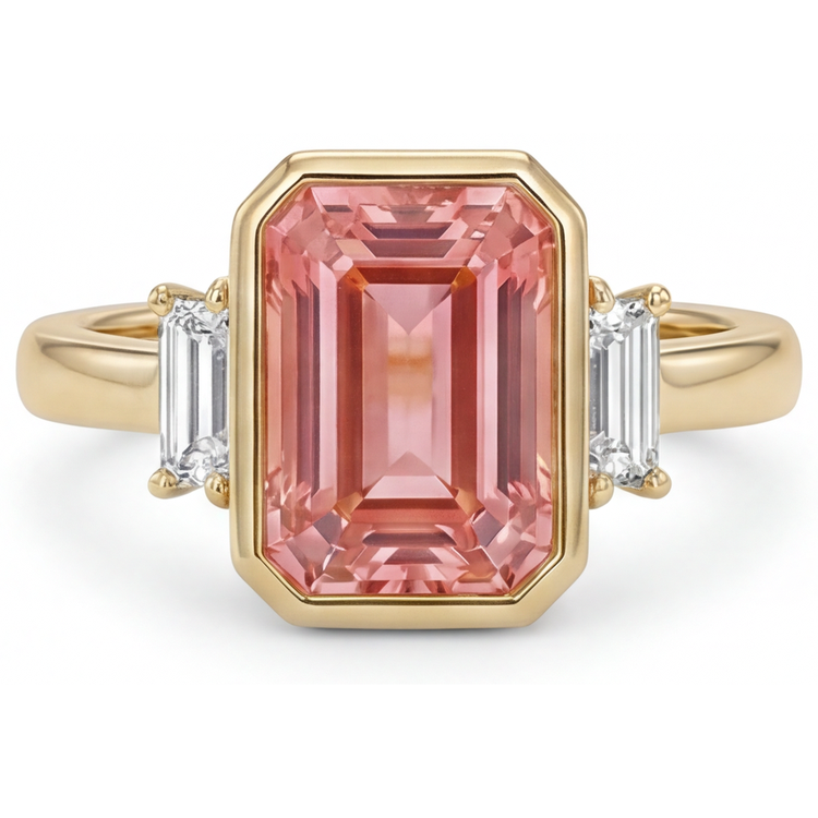 Bague trois pierres en saphir padparadscha de laboratoire 4,6 carats, taille émeraude et baguettes blanches, lunette, or jaune 14 carats