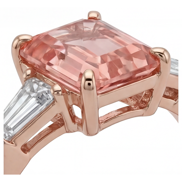 Bague Saphir Pêche Padparadscha de laboratoire 4,6 Carats taille Émeraude et Baguettes Blanches Trois Pierres en Or Rose 14K
