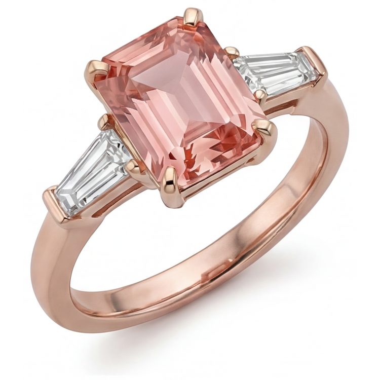 Bague Saphir Pêche Padparadscha de laboratoire 4,6 Carats taille Émeraude et Baguettes Blanches Trois Pierres en Or Rose 14K