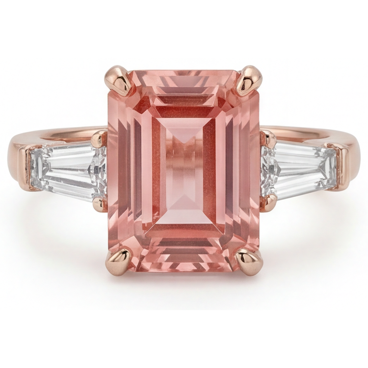 Bague Saphir Pêche Padparadscha de laboratoire 4,6 Carats taille Émeraude et Baguettes Blanches Trois Pierres en Or Rose 14K