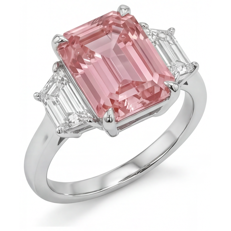 Bague simple trois pierres en or 14 carats avec saphir padparadscha de laboratoire couleur pêche taille émeraude 4,6 carats et trapèzes blancs