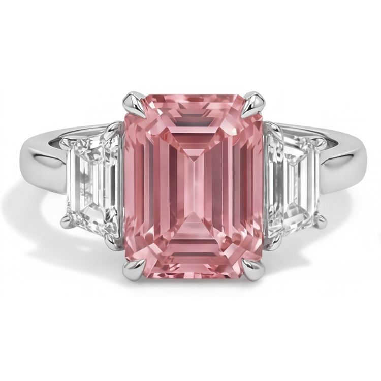 Bague simple trois pierres en or 14 carats avec saphir padparadscha de laboratoire couleur pêche taille émeraude 4,6 carats et trapèzes blancs