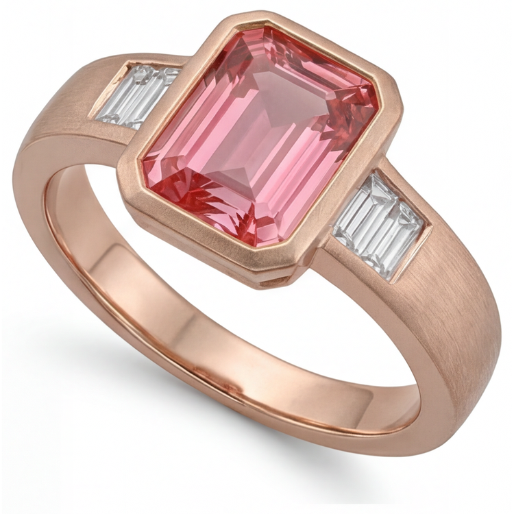 Bague trois pierres en or rose 14 carats avec saphir Padparadscha orange 2,9 carats, émeraude véritable et lunette baguette blanche