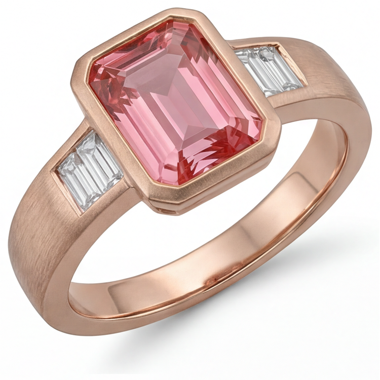 Bague trois pierres en or rose 14 carats avec saphir Padparadscha orange 2,9 carats, émeraude véritable et lunette baguette blanche