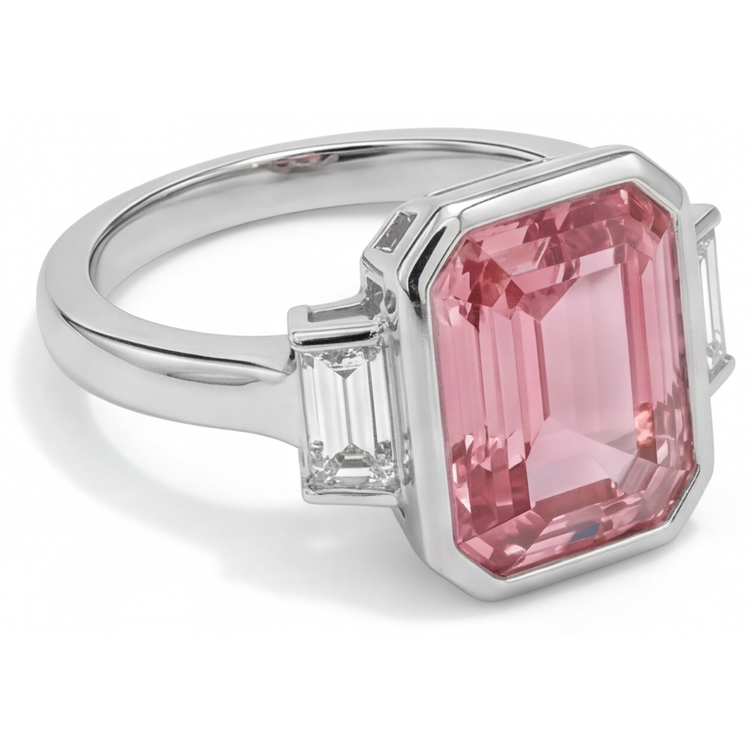 Bague de Fiançailles Padparadscha 3,9 Carats, Saphir Véritable Taille Émeraude et Lunette Baguettes Blanches, Trois Pierres, Or 14 Carats