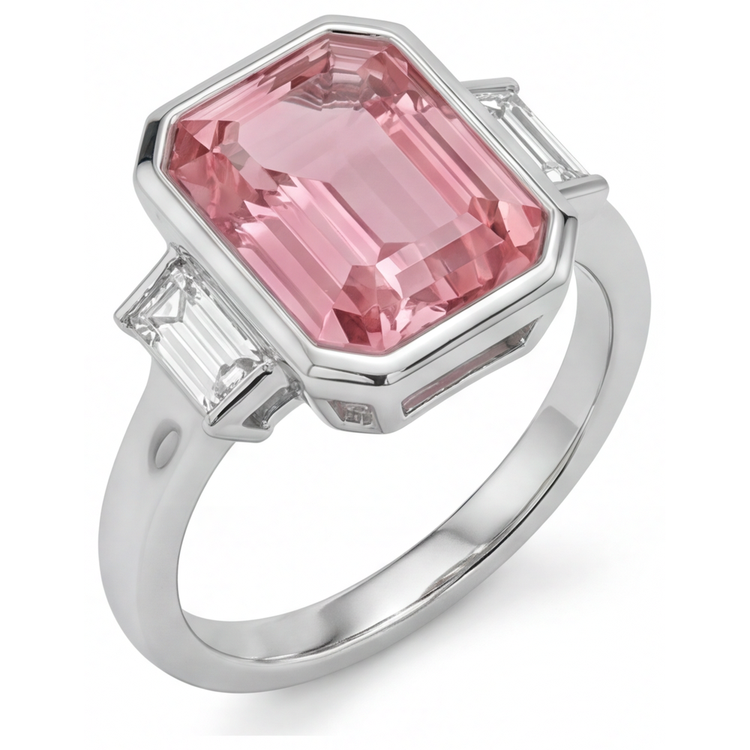 Bague de Fiançailles Padparadscha 3,9 Carats, Saphir Véritable Taille Émeraude et Lunette Baguettes Blanches, Trois Pierres, Or 14 Carats