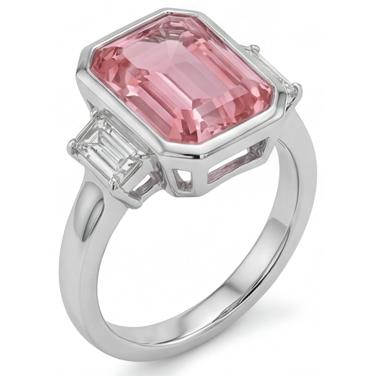 Bague de Fiançailles Padparadscha 3,9 Carats, Saphir Véritable Taille Émeraude et Lunette Baguettes Blanches, Trois Pierres, Or 14 Carats