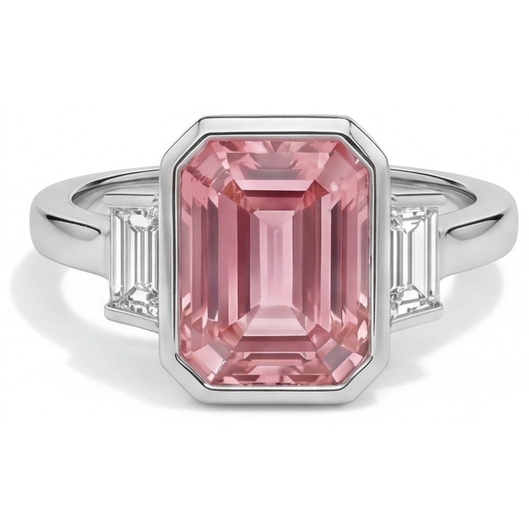 Bague de Fiançailles Padparadscha 3,9 Carats Véritable Saphir Taille Émeraude et Baguettes Blanches Lunette Trois Pierres en Or 14 Carats