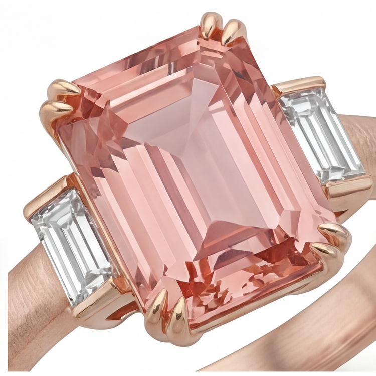 Bague trois pierres en Or Rose 14 carats avec saphir padparadscha orange de 3,9 carats, émeraude véritable et baguettes blanches