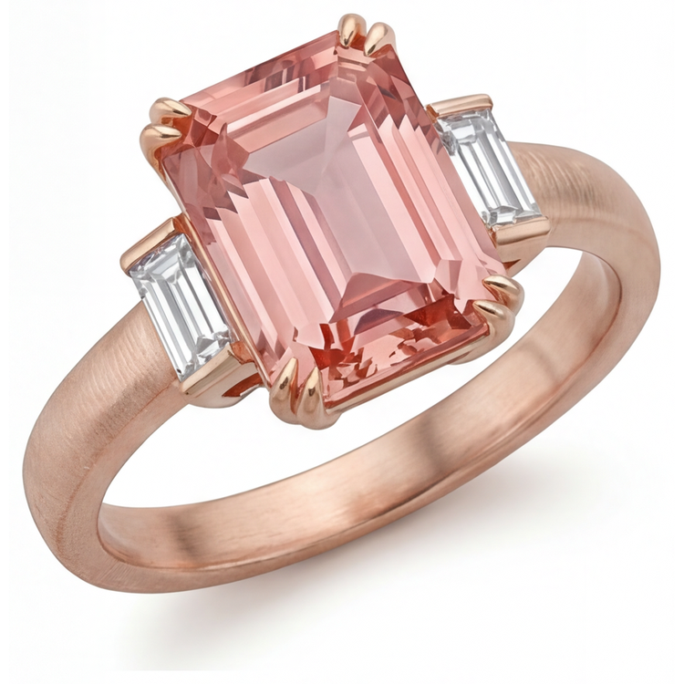 Bague trois pierres en Or Rose 14 carats avec saphir padparadscha orange de 3,9 carats, émeraude véritable et baguettes blanches