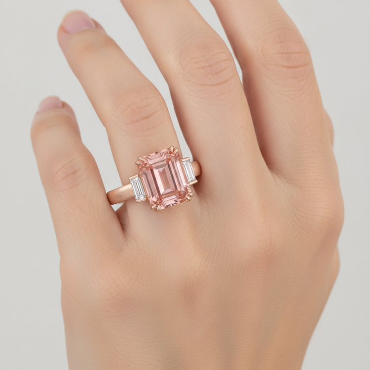 Bague trois pierres en saphir Padparadscha orange 3,9 carats, émeraude véritable et baguette blanche en Or Rose 14 carats