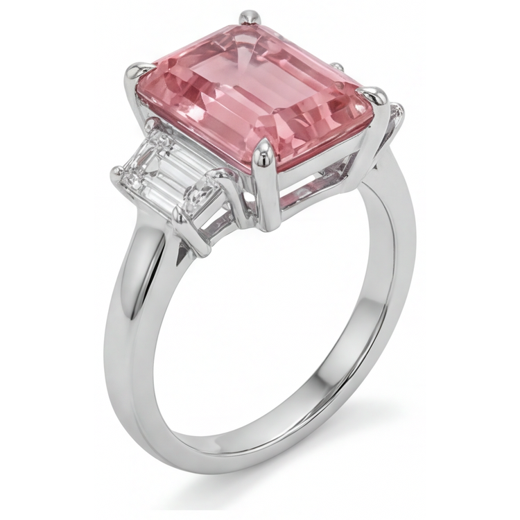 Bague trois pierres en or 14 carats simple avec saphir padparadscha véritable de 2,9 carats taille émeraude et baguettes blanches