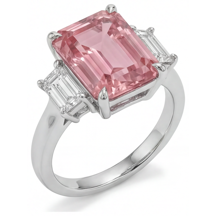Bague trois pierres en or 14 carats simple avec saphir padparadscha véritable de 2,9 carats taille émeraude et baguettes blanches