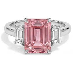 Bague trois pierres en or 14 carats simple avec saphir padparadscha véritable de 2,9 carats taille émeraude et baguettes blanches