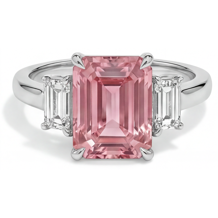Bague trois pierres en or 14 carats lisse avec saphir Padparadscha véritable taille émeraude de 2,9 carats et baguettes blanches