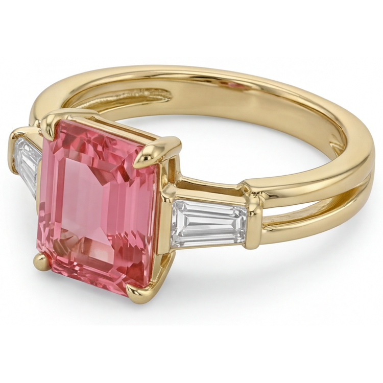 Bague trois pierres en Or Jaune 14 carats avec véritable saphir Padparadscha pêche taille émeraude 2,9 carats et baguettes blanches