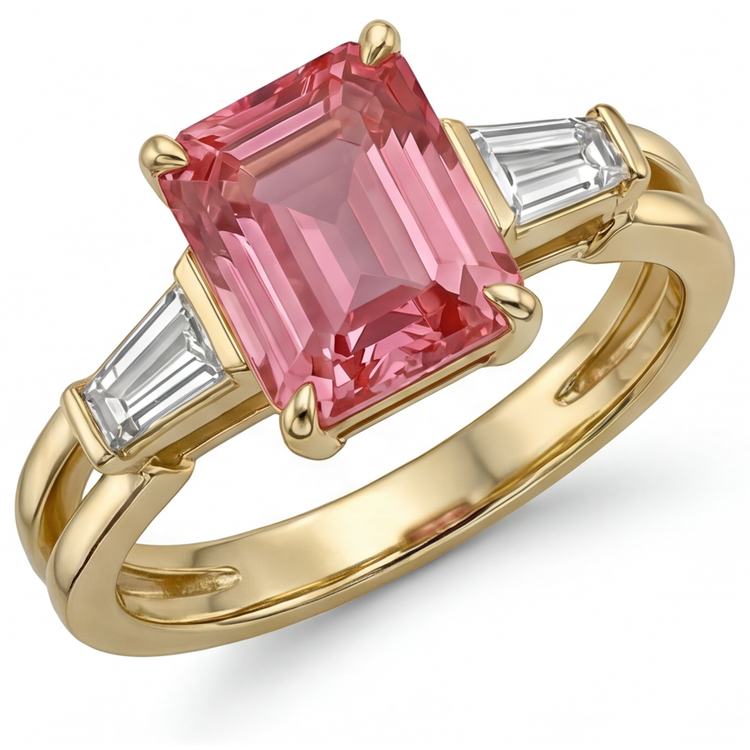 Bague trois pierres en Or Jaune 14 carats, saphir pêche véritable Padparadscha taille émeraude 2,9 carats et baguettes blanches