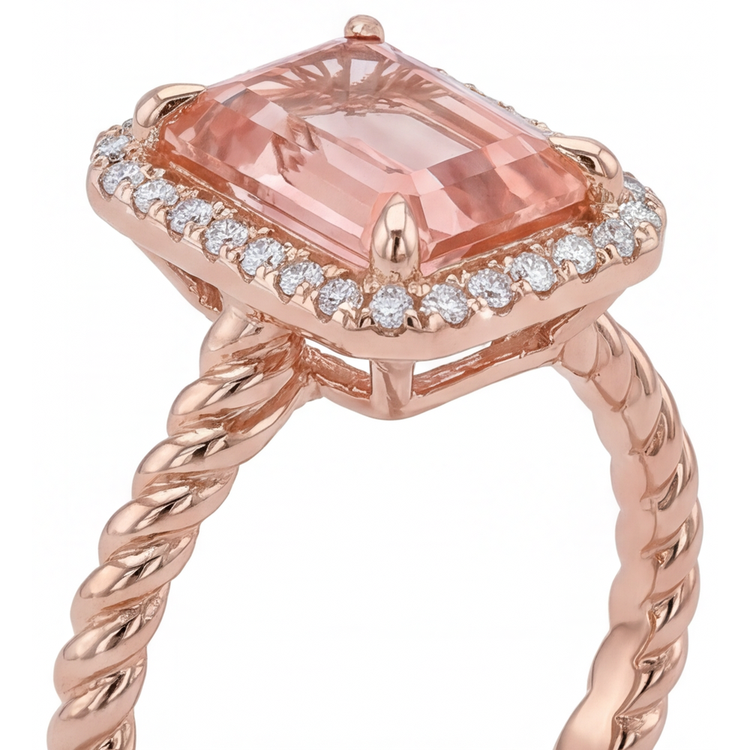 Bague en saphir padparadscha orange 2,5 carats avec Halo d'émeraudes véritables en Or Rose 14 carats