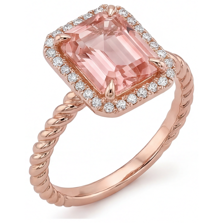 Bague Saphir Padparadscha Orange 2,5 Carats avec Halo d'Émeraudes Véritables en Or Rose 14K