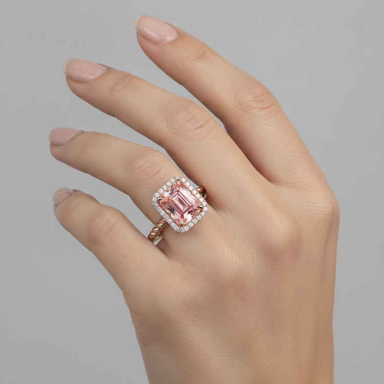 Bague Saphir Padparadscha Orange 2,5 Carats avec Halo d'Émeraudes Véritables en Or Rose 14K