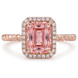 Bague en saphir padparadscha orange 2,5 carats avec Halo d'émeraudes véritables en Or Rose 14 carats