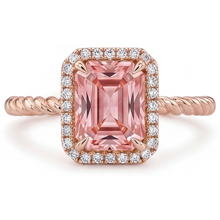 Bague en saphir padparadscha orange 2,5 carats avec Halo d'émeraudes véritables en Or Rose 14 carats