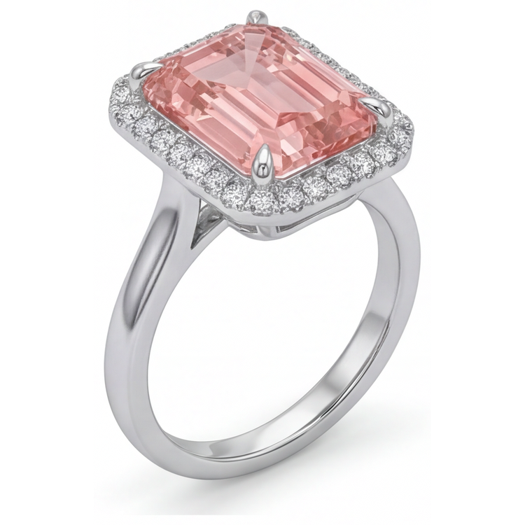 Bague de Fiançailles en Saphir Pêche 2,8 Carats, Véritable Émeraude, Halo Padparadscha, Or Blanc 14K