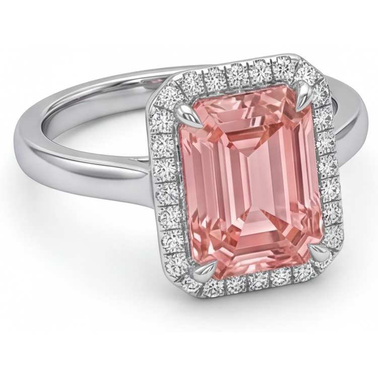 Bague de Fiançailles en Saphir Pêche 2,8 Carats, Véritable Émeraude, Halo Padparadscha, Or Blanc 14K