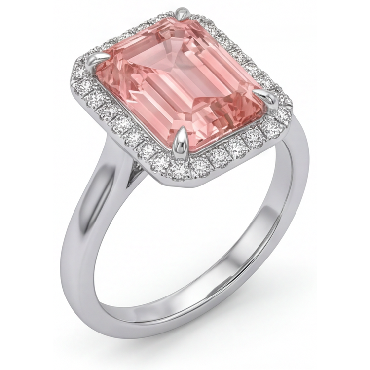 Bague de Fiançailles en Saphir Pêche 2,8 Carats, Véritable Émeraude, Halo Padparadscha, Or Blanc 14K