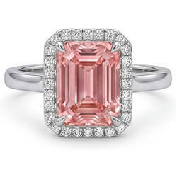 Bague de Fiançailles en Saphir Pêche 2,8 Carats, Véritable Émeraude, Halo Padparadscha, Or Blanc 14K