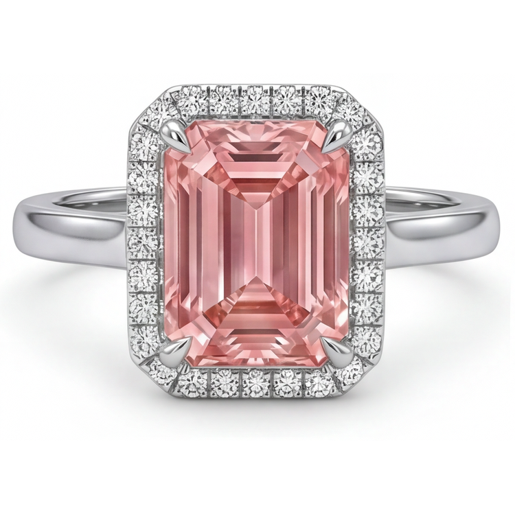 Bague de Fiançailles en Saphir Pêche 2,8 Carats, Véritable Émeraude, Halo Padparadscha, Or Blanc 14K