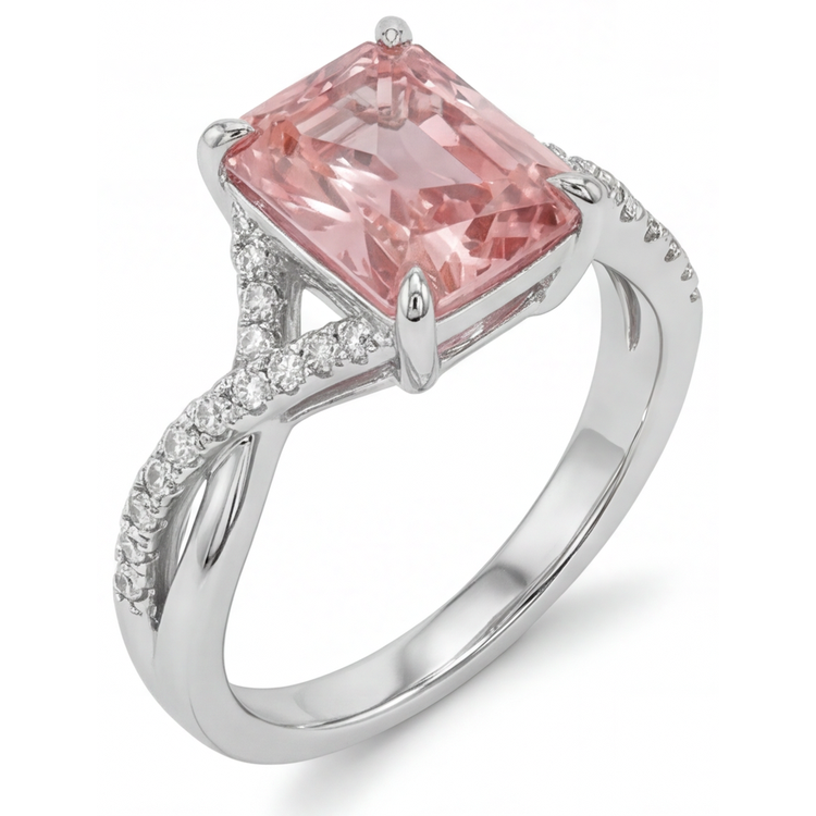 Bague Pavée en Or Blanc 14 Carats avec Saphir Padparadscha Pêche 2,8 Carats et Émeraude Véritable