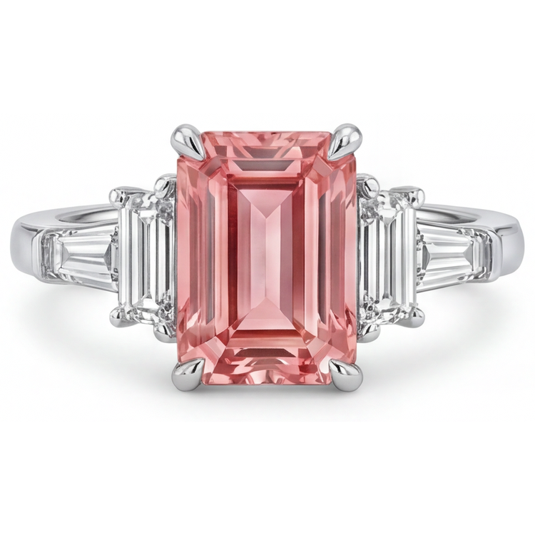 Bague de Fiançailles Saphir Padparadscha 3,9 Carats, Véritable Émeraude et Baguettes Blanches, Monture Cathédrale Trois Pierres en Or 14 Carats