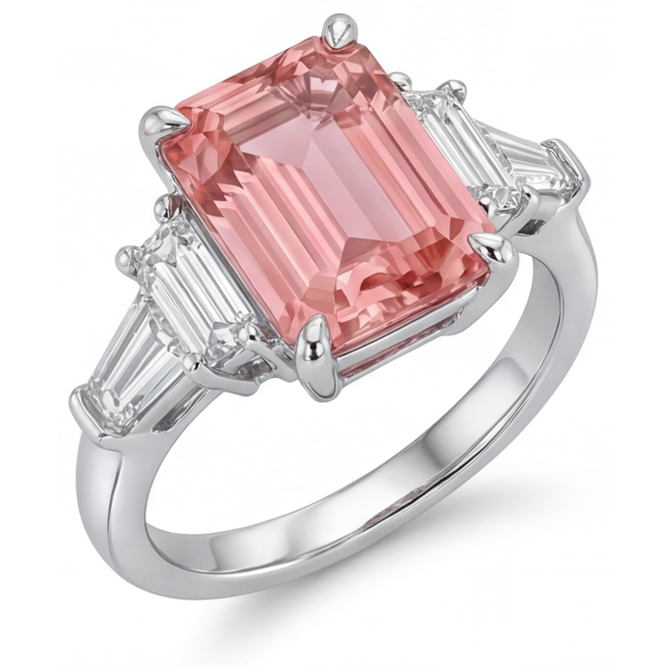 Bague de Fiançailles Saphir Padparadscha 3,9 Carats, Véritable Émeraude et Baguettes Blanches, Monture Cathédrale Trois Pierres en Or 14 Carats