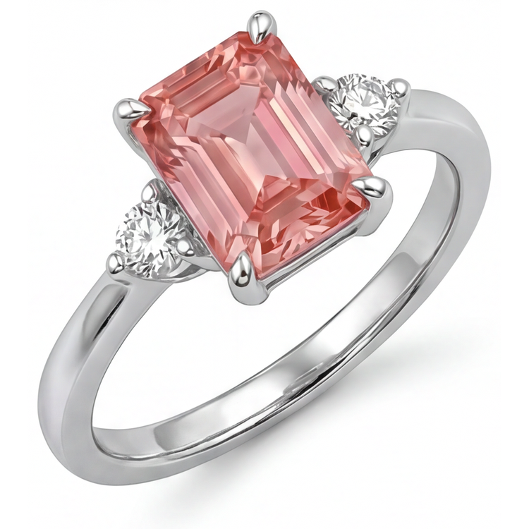 Bague Trois Pierres Saphir Padparadscha Véritable Taille Émeraude 2,9 Carats en Or Blanc 14K