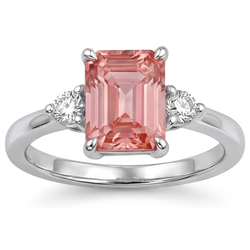 Bague Trois Pierres Saphir Padparadscha Véritable Taille Émeraude 2,9 Carats en Or Blanc 14K
