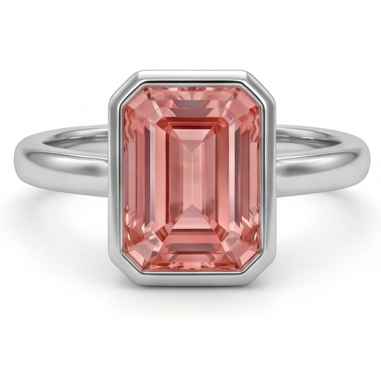 Bague Solitaire Lunette Saphir Pêche Padparadscha Naturel Taille Émeraude 2,5 Carats en Or Blanc 14 Carats
