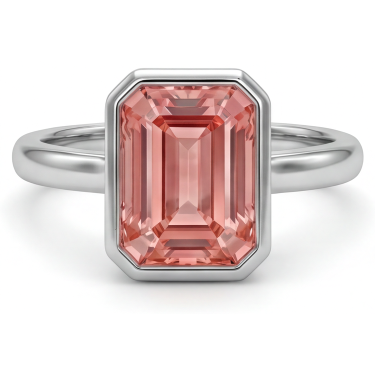 Bague Solitaire Lunette en Or Blanc 14 carats avec Saphir Padparadscha Naturel Couleur Pêche Taille Émeraude 2,5 Carats