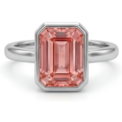 Bague Solitaire Lunette en Or Blanc 14 Carats, Saphir Pêche Padparadscha Naturel Taille Émeraude 2,5 Carats