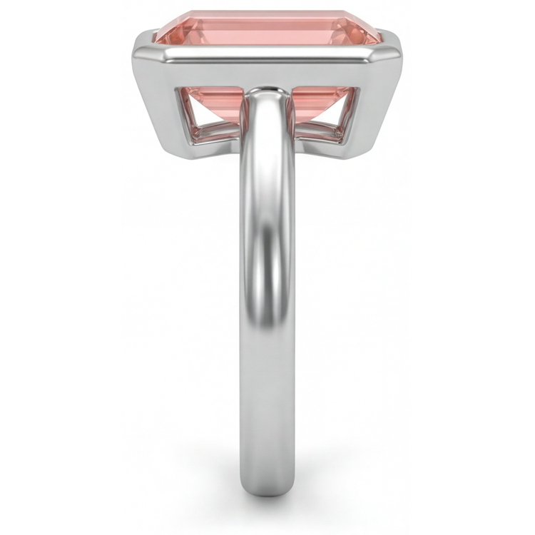 Bague Solitaire Lunette en Or Blanc 14 Carats avec Saphir Padparadscha Naturel Taille Émeraude Couleur Pêche 2,5 Carats