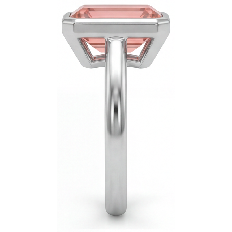 Bague Solitaire à Lunette en Or Blanc 14 Carats avec Saphir Padparadscha Véritable Couleur Pêche 2,5 Carats Taille Émeraude