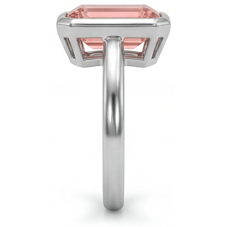 Bague Solitaire Lunette en Or Blanc 14 Carats, Saphir Pêche Padparadscha Naturel Taille Émeraude 2,5 Carats