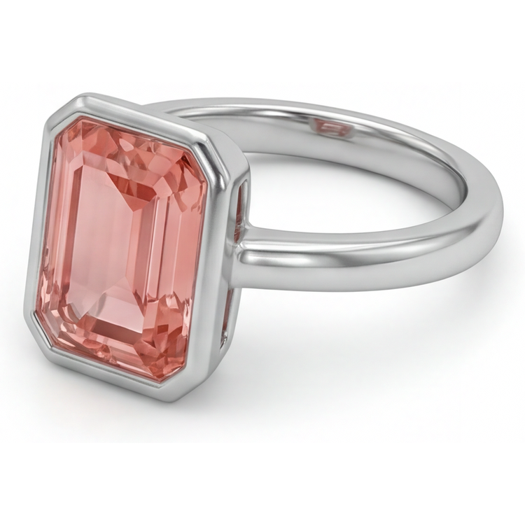 Bague Solitaire Lunette en Or Blanc 14 Carats avec Saphir Padparadscha Naturel Taille Émeraude Couleur Pêche 2,5 Carats